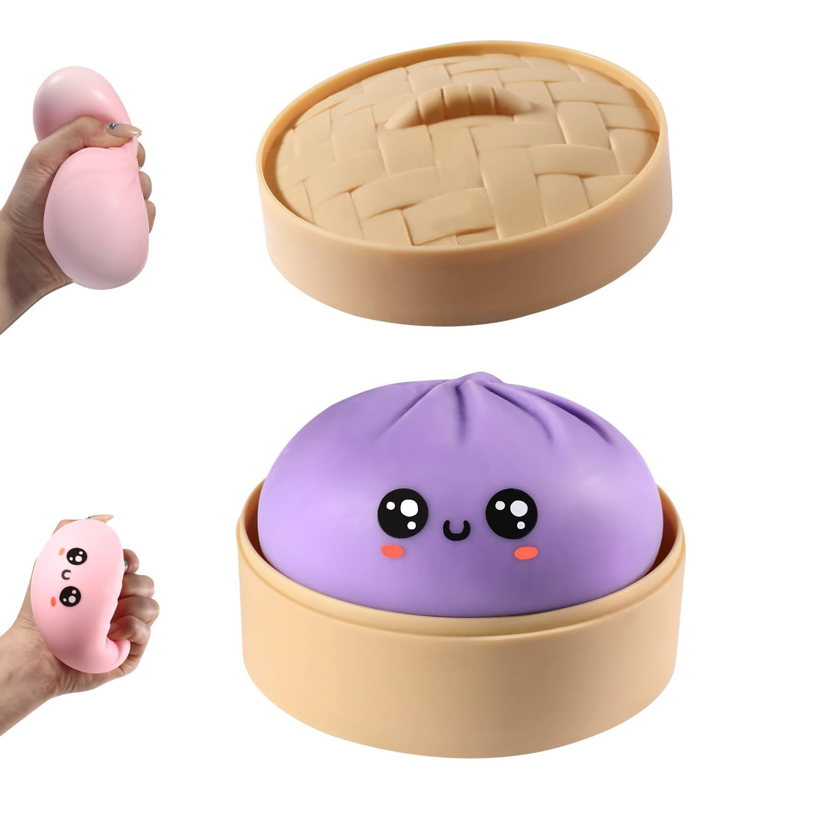 Dumpling Squishy ,Squishy Bao Dumpling Sensory Fidget Toy with Plastic Steamer Box, Dumplings Stress Fidget, Soft Squeeze Decompression Dough,Sensory Stress Ball Squeeze(Purple)