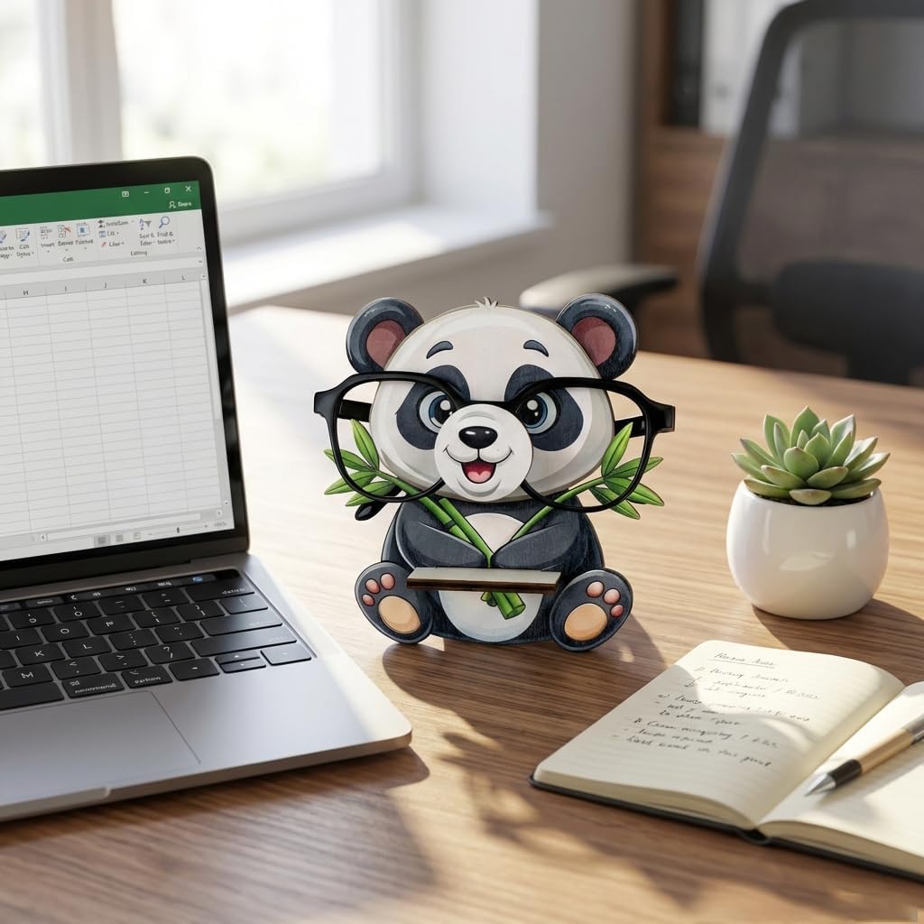 Panda Eyeglass Holder, Funny Animal Decorative Eyeglass Organizer Stand with Bamboo Design, 5.9x5.7 Inch Desk Decor for Office Bedside Nightstand Home Decor Gifts