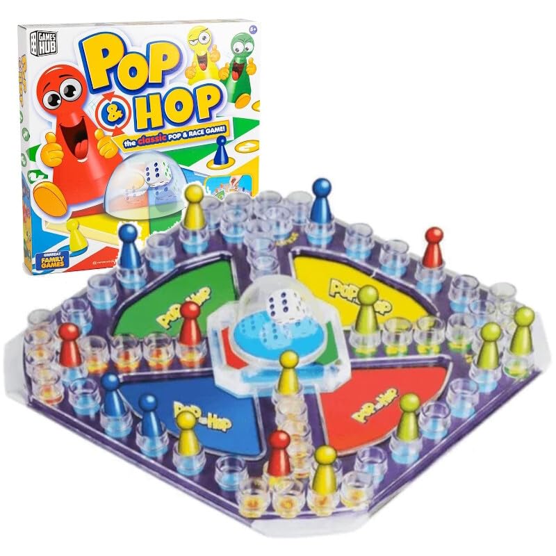 Pop & Hop Board Game for Kids Age 5+ - 26cm Tabletop Dice Popper Race, 2-4 Players, Colour Coded Board & Counters, Classic Ludo Style Chase Family Toy for Travel, Parties & Birthday Gift