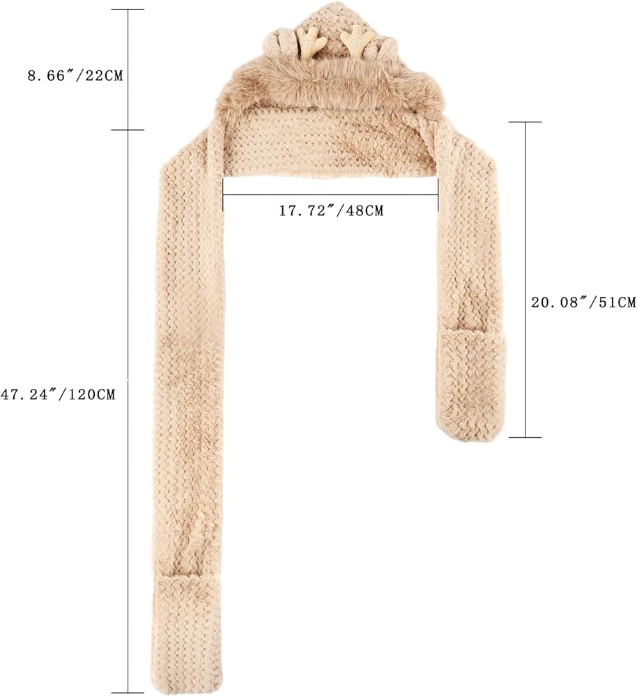 GERINLY Warm Hooed Hat with Antlers Deco Attached Scarf Fingerless