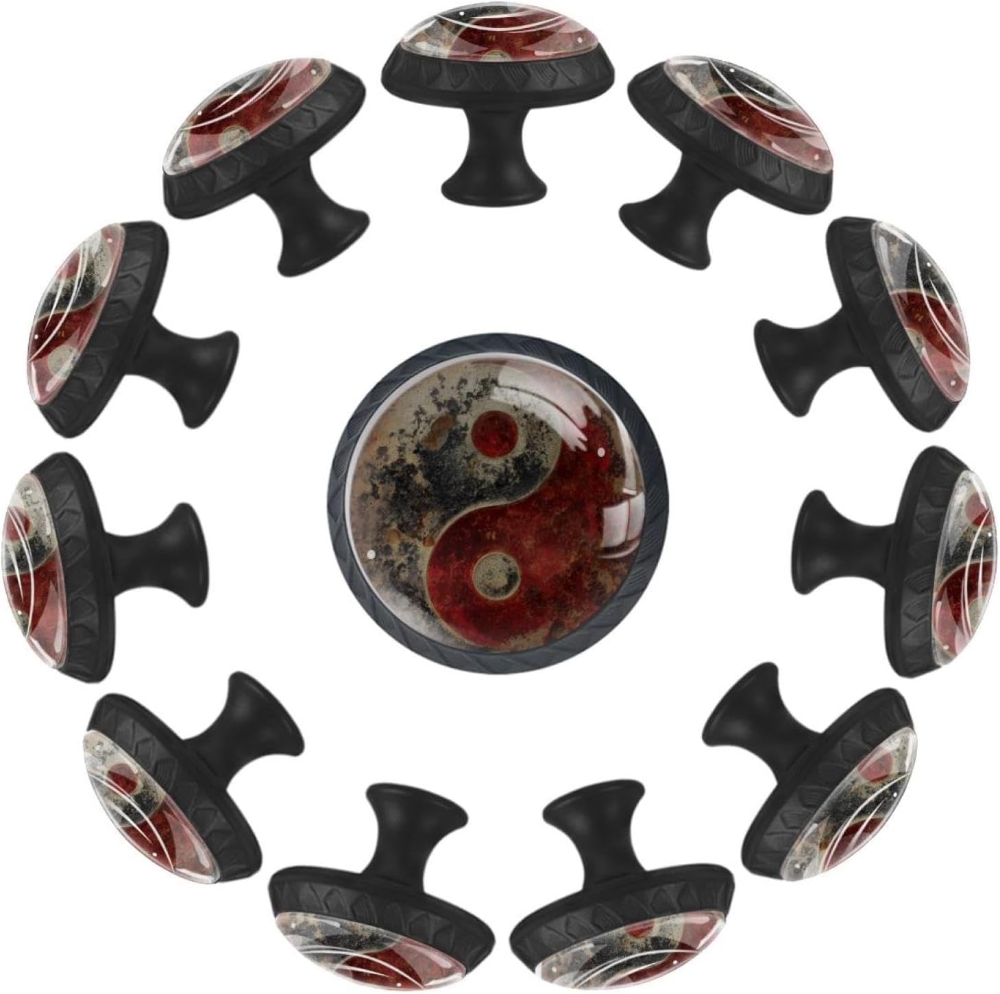 Black Base Taoist Circle (6) Decorative Cabinet Knobs, Crystal Glass Drawer Knobs with Screws for Kitchen Bathroom Dresser Wardrobe