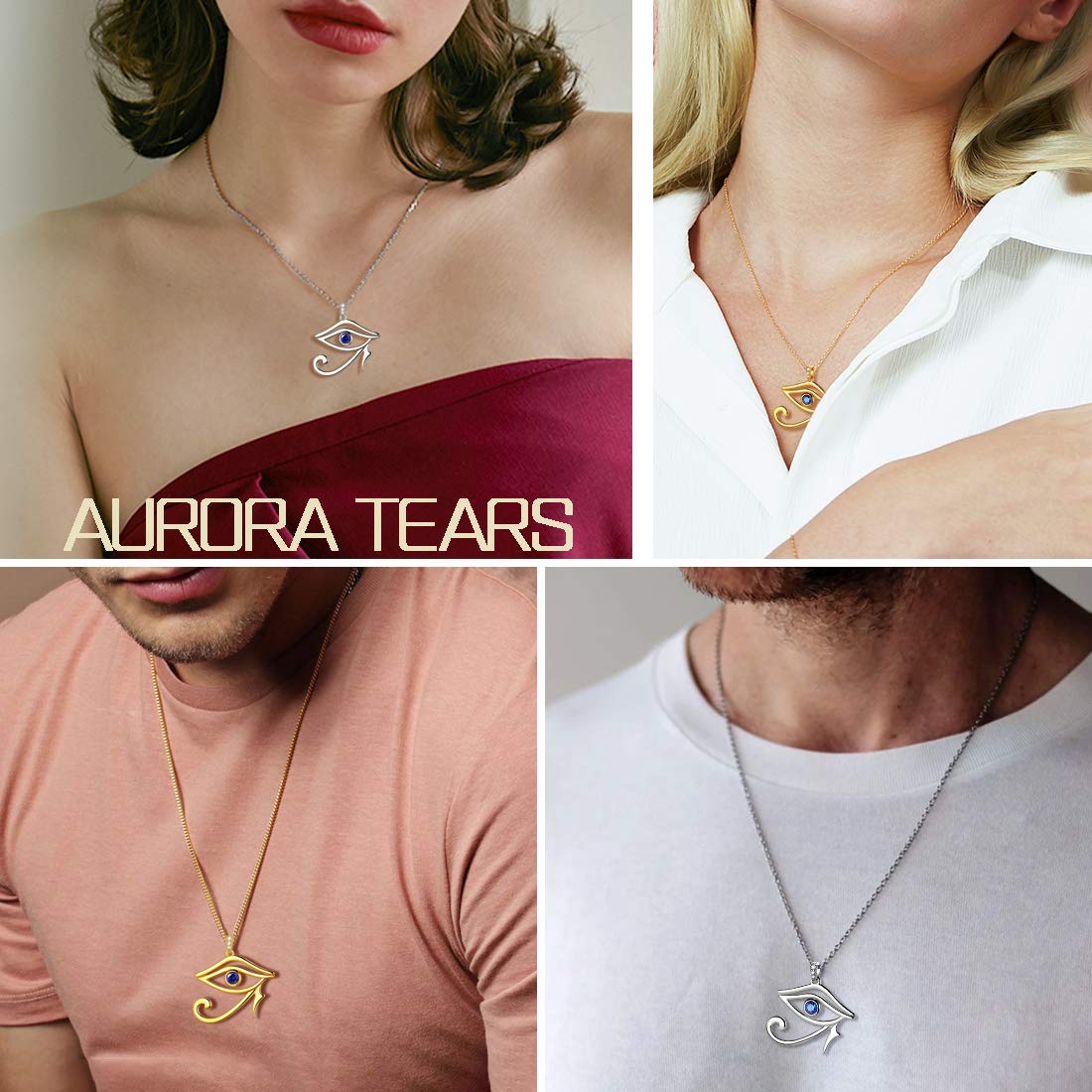 Aurora Tears Collane con occhio egiziano di Horus, orecchini a perno, set di gioielli in argento sterling 925, con ciondolo a forma di occhio malocchio, orecchini