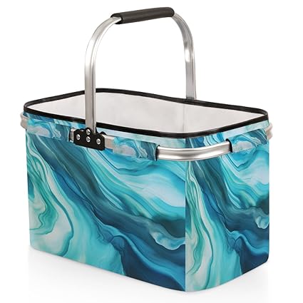 Skonsati Folding Picnic Basket Blue Glitter Large Reusable Shopping Basket Collapsible Grocery Tote Bag with Handle & Aluminum Frame for Picnic Beach Pool Festival