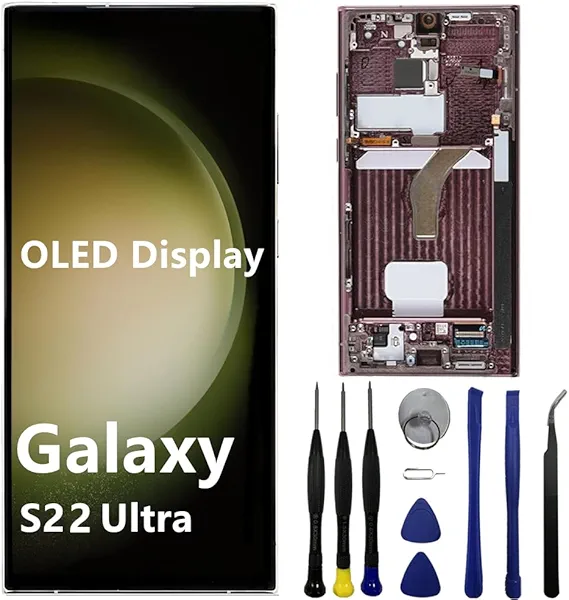 OLED for Samsung Galaxy S22 Ultra Screen Replacement S22ultra 5G S908U S908B/DS S908U1 S908W S908E LCD Display Touch Screen Digitizer Assembly Support Fingerprint and S-Pen (with Red Frame+Tools)