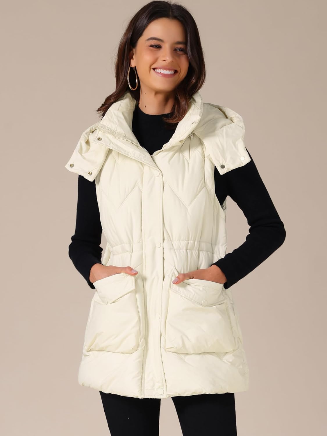 Allegra K Women's Winter Puffer Vest Coat Hooded Zip Up Mid Long Sleeveless Quilted Jacket Padded Outerwear - Image 2