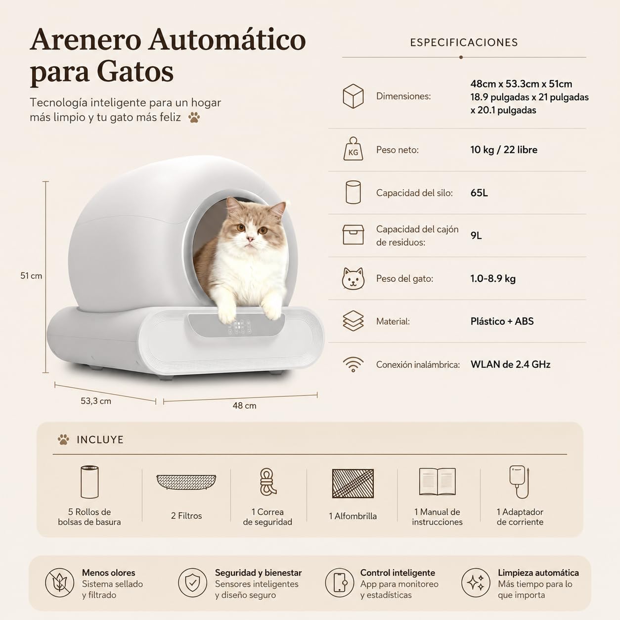 Arenero Autolimpiable XXL para Gatos, Caja Arena Automática 74L con Control por Aplicación, Sistema Seguridad Avanzado, Eliminación Olores, Incluye Alfombra y 5 Rollos Bolsas