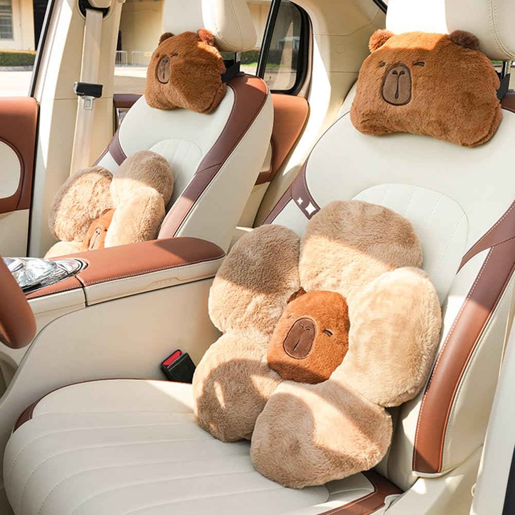 LYFJMUS 4 Pack Plush Capybara Car Headrest Pillow and Lumbar Support Pillow Kawaii Plushies Capybara Stuffed Headrest Cute Car Decor for Car Driving