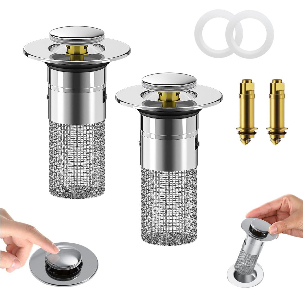 Universal Pop-Up Bathroom Sink Stopper, Stainless Steel Drain Strainer with Removable Filter Basket for 1.1"-2.36" Basin, Push-to-Bounce Core,