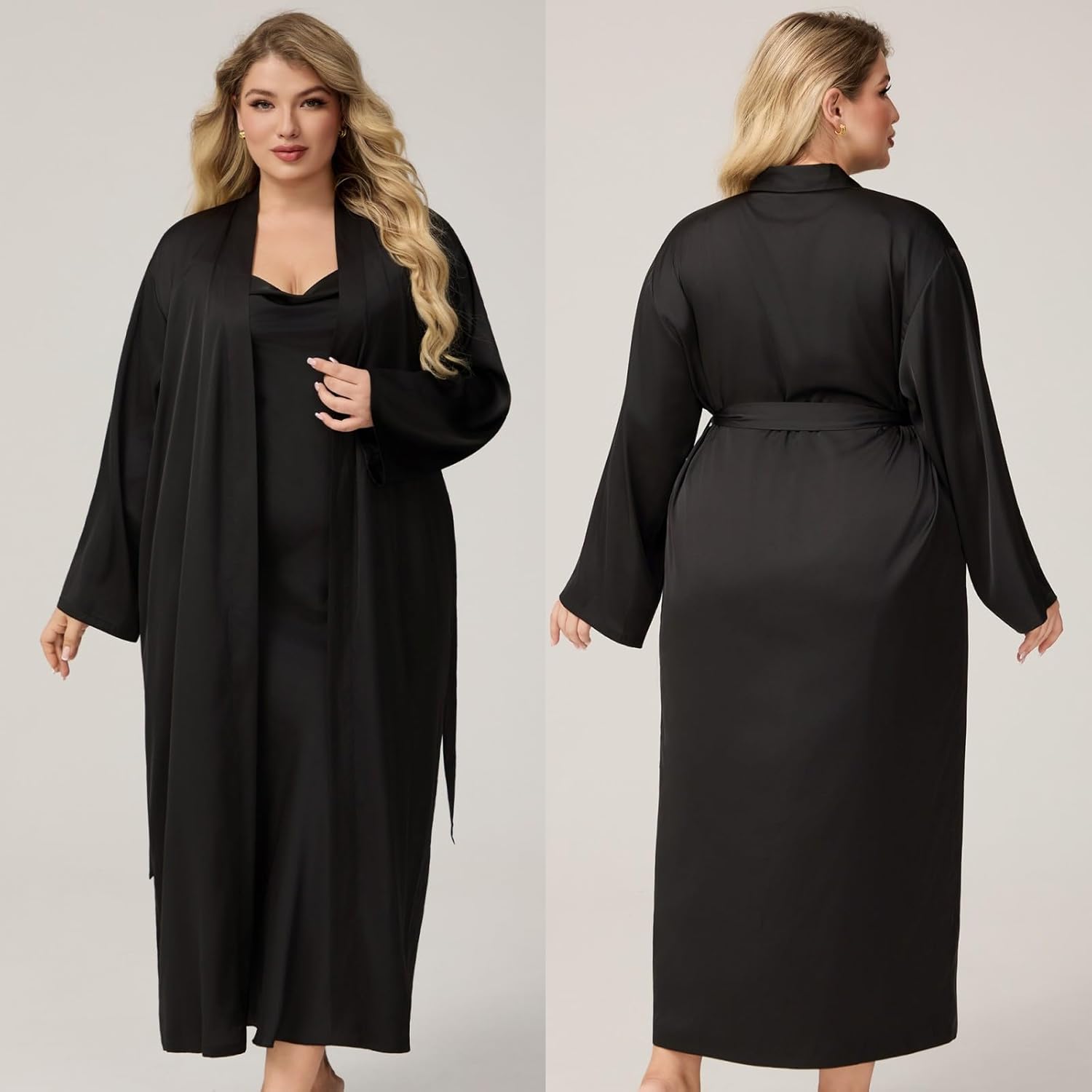 Satin Nightgown and Robe Sets for Women 2 Piece Sexy V-Neck Silk Slip Dress Long Chemise Sleepwear Pajamas with Belt