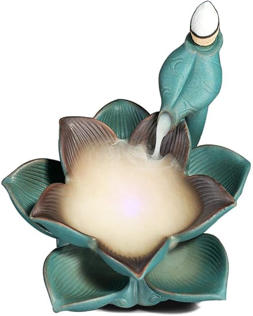 Backflow Incense Burner Holder Ceramic LED Glowing Lotus Incense Cones Burner with 10 Free Cones Home Decoration Handicraft Gift Green