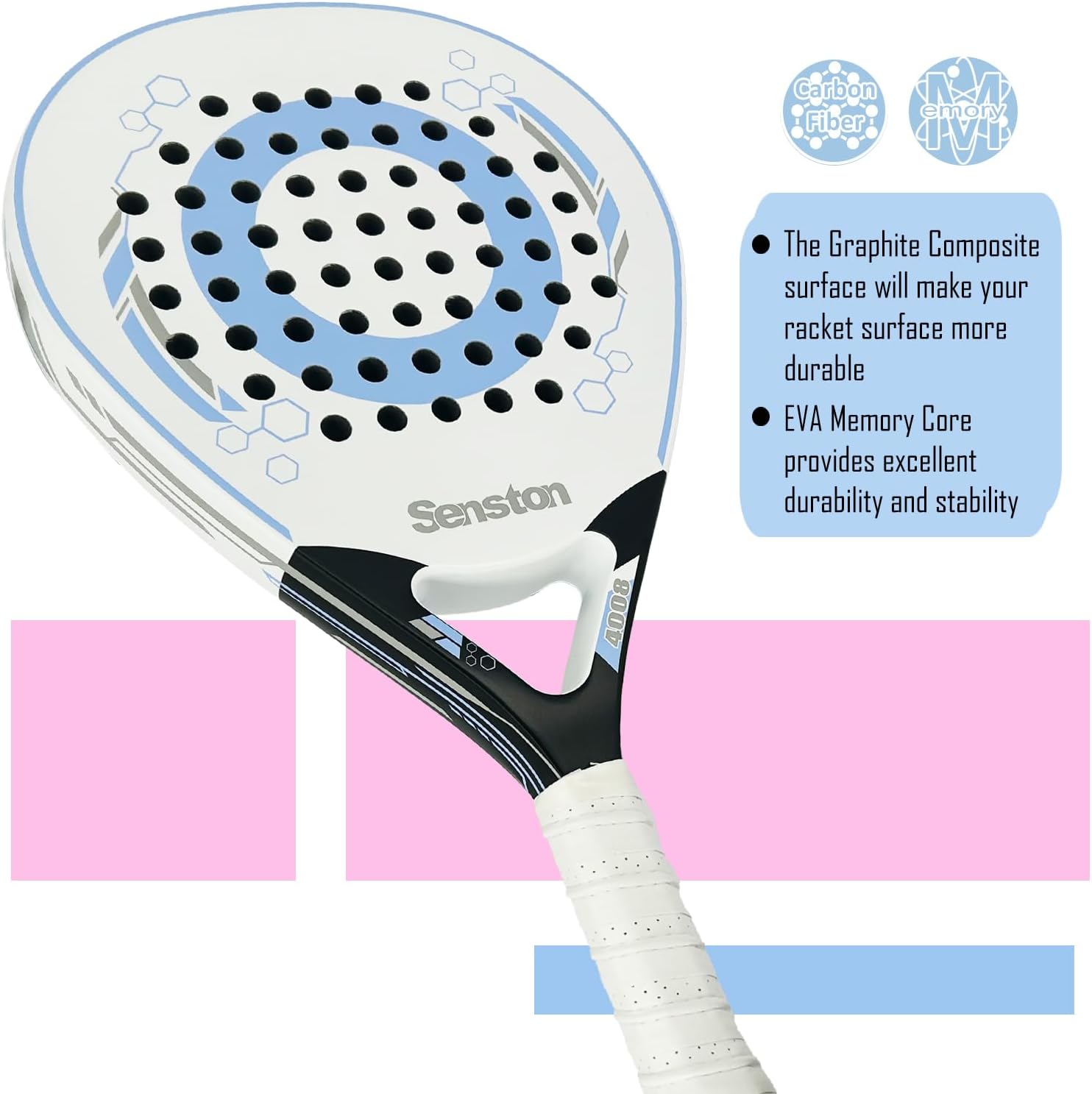 Senston Paddle Tennis Racket Carbon-Fiber Surface with EVA Memory Flex-Foam Core - Padel Racket with Carry Bag and Balls for Pop Tennis Beach Tennis.