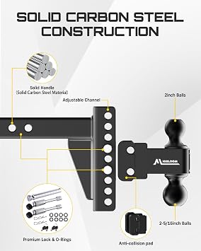 Adjutable Trailer Hitch- Fits 2.5-Inch Receivers- 6-Inch Drop/Rise, Includes 2-Inch and 2-5/16-Inch Ball Mounts, Suitable for Trucks, 20,000 LBS GTW, Double Stainless SteeLl Locks & Hitch Pin,Black