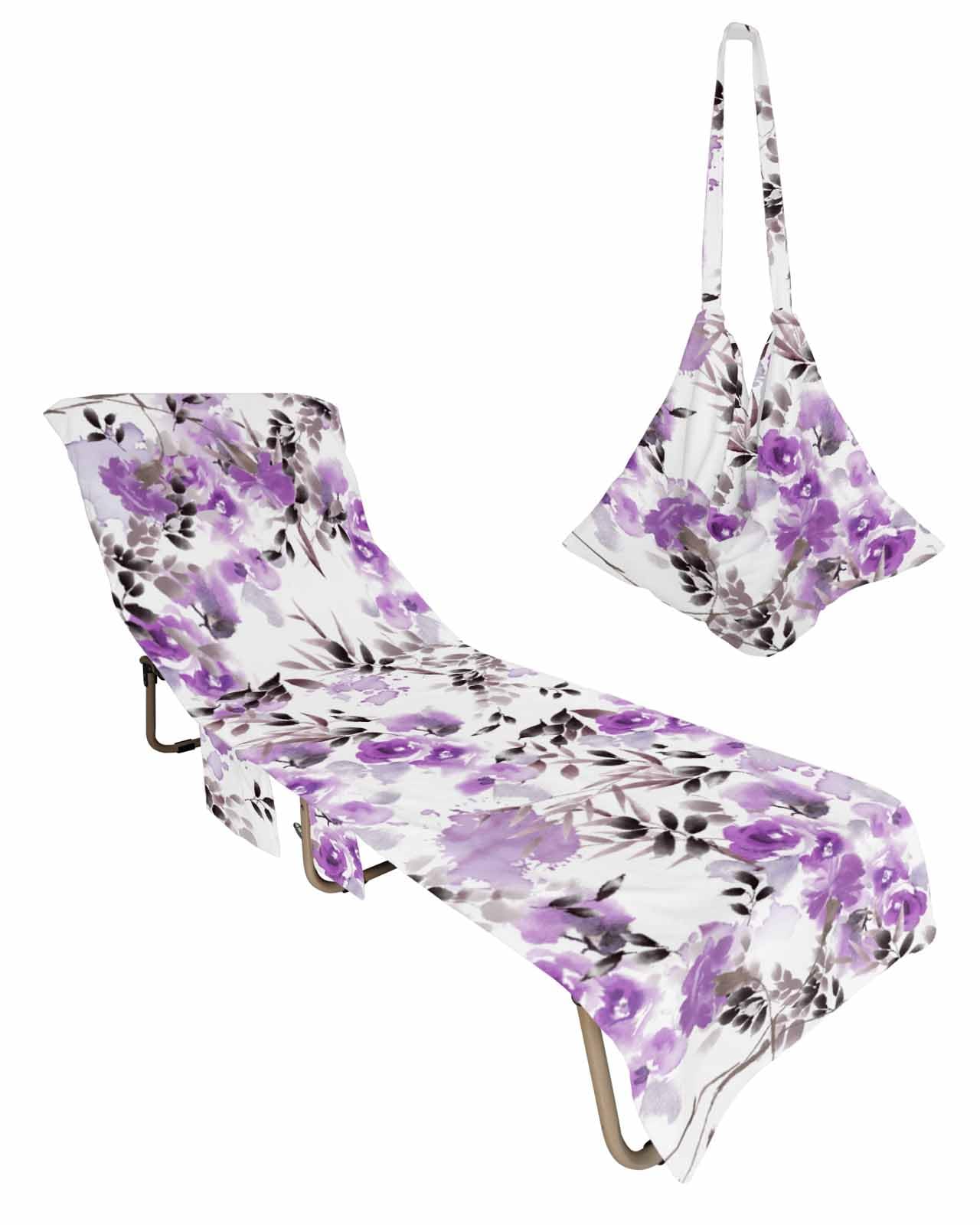 Purple Botanical Beach Lounge Chair Towel Cover, Soft Chaise Lounge Towel with Side Pockets Patio Pool Chairs Cover for Beach/Pool Sunbathing 29x85 Watercolor Spring Summer Floral Elegant