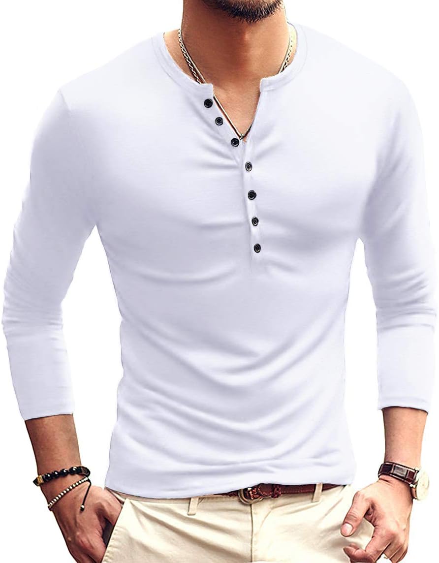 - Mens Casual Slim Fit Basic Henley Long Sleeve Fashion T-Shirt