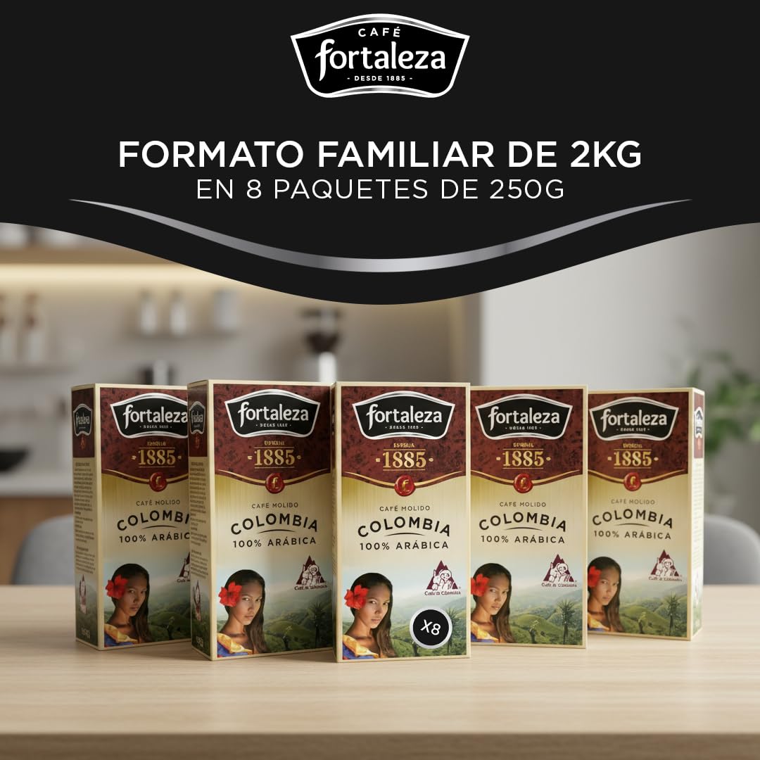 CAFÉ FORTALEZA Café Molido de Colombia 100% Arábica Pack 250g x 8 - Total 2 Kg – Café Colombiano con Suavidad y Aroma Floral - Molido con Matices Herbales - Café Suave para Cafetera Filtro o Italiana