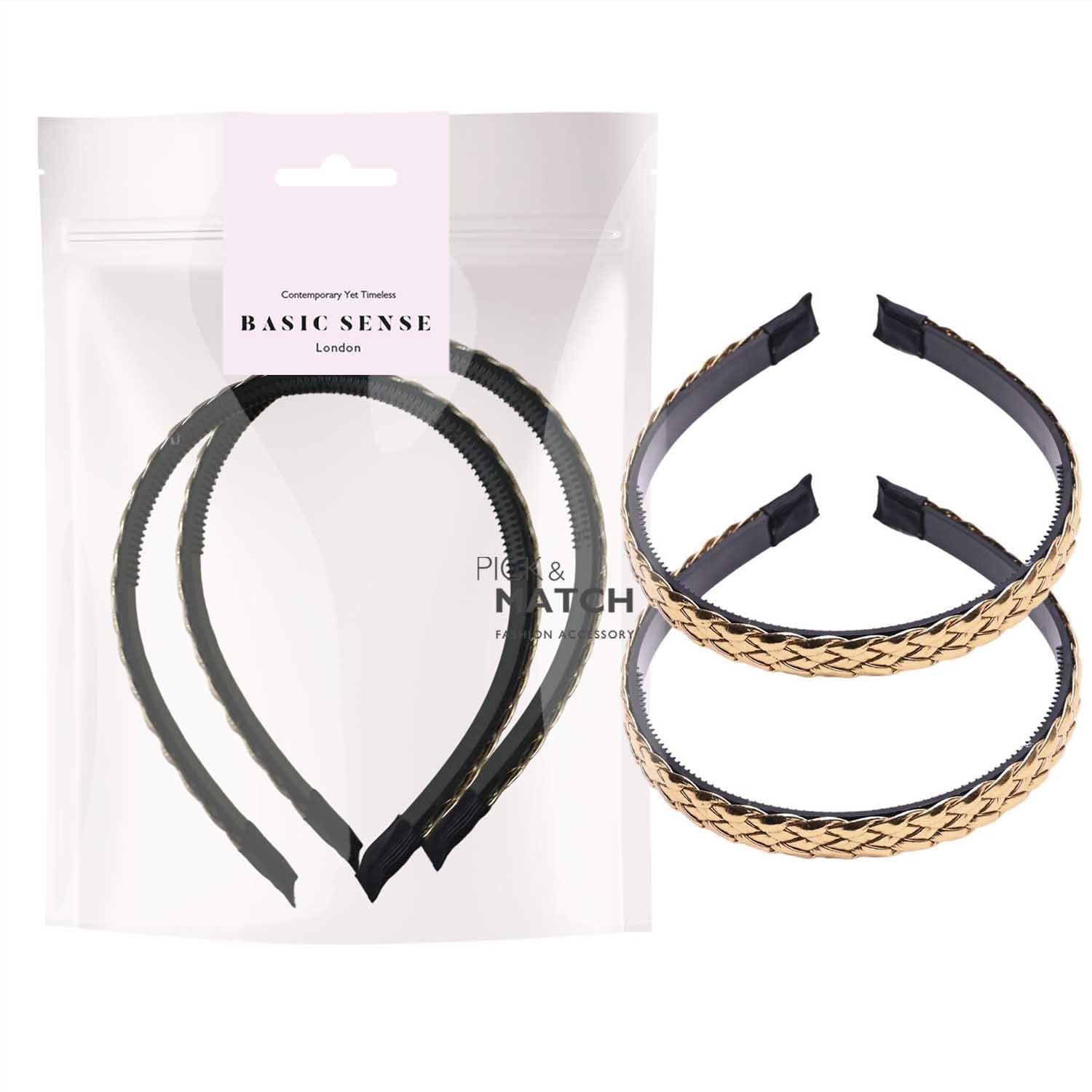 Basic Sense Leather Braided Headbands for Women & Teens PU Plaited Aliceband, Hairband - 2pcs, Silver, Gold - Image 2