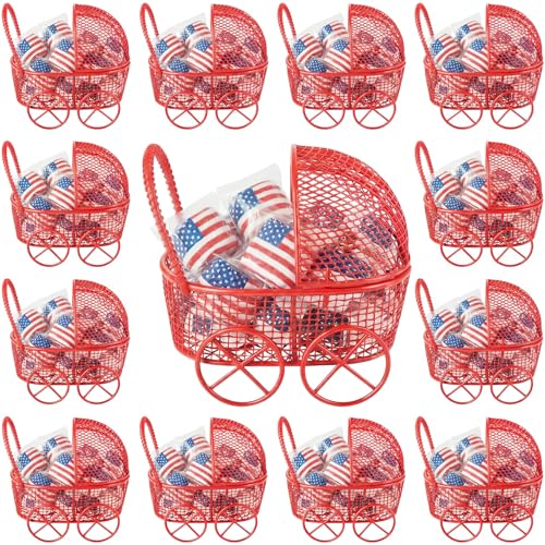 Image of Threehoney 12 Pcs Baby Shower Mini Carriage Decoration Red Strawberry Color Metal Wired Fillable Candy Stroller Baby Shower Table Centerpiece for Guest Gender Reveal Wedding Party Favor Gift