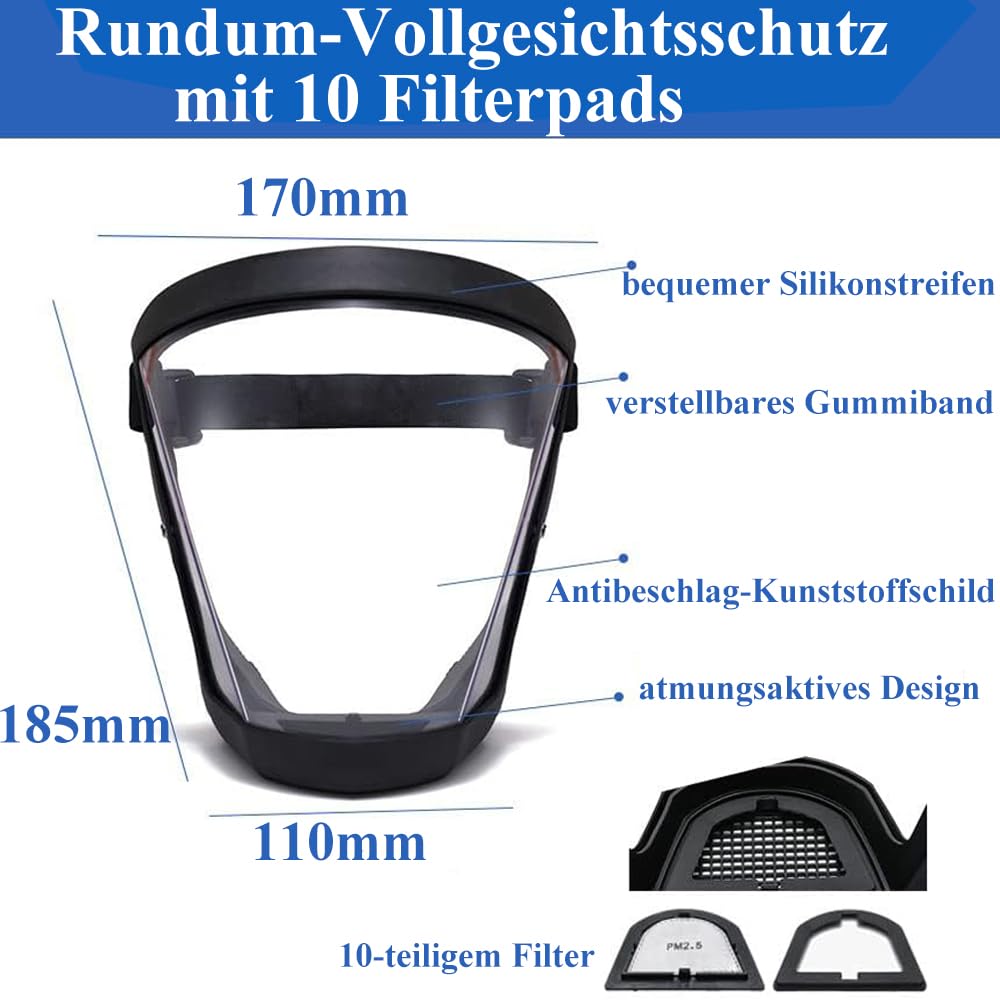 Vsier - Protector facial de plástico (2 unidades) - Equipo de protección facial completo para adultos unisex y adultos, reutilizable, antivaho, transparente, con correa ajustable