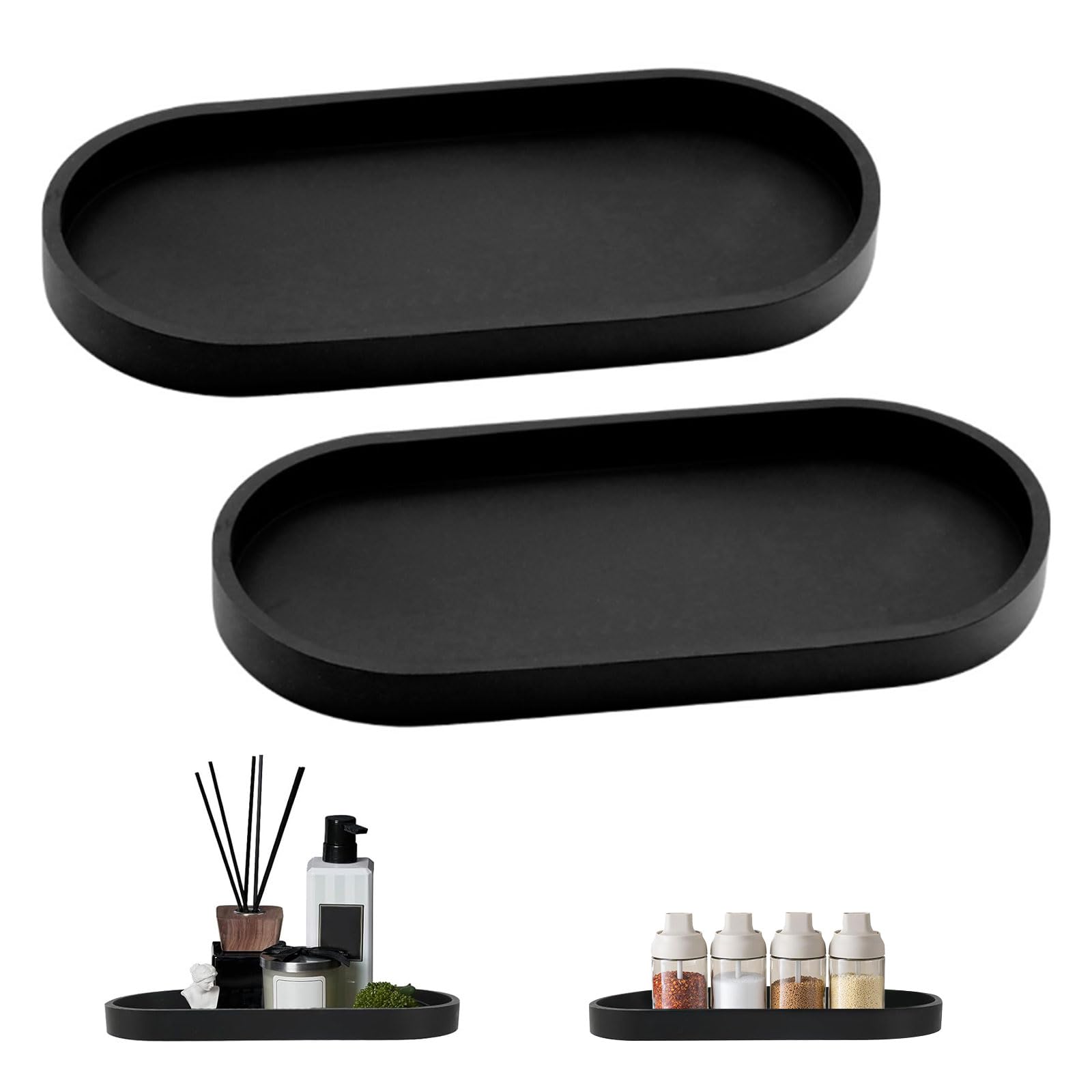 Black Silicone StorageTray, Decorative Set of 2 for Washbasin, Bathtub, Kitchen Sink and Toilet, Rectangle and Oval, for Cosmetics, Jewellery and Candles