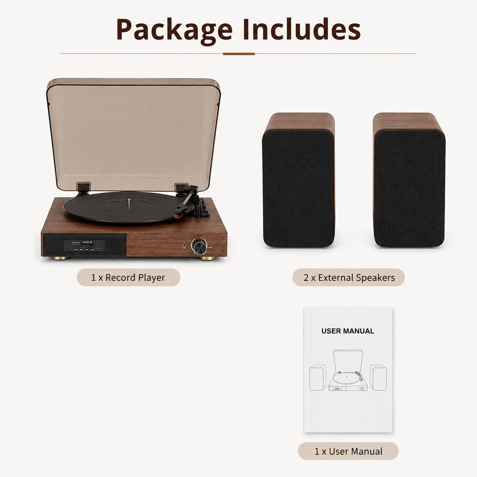 Gramofon Bluetooth z podwójnymi zewnętrznymi głośnikami