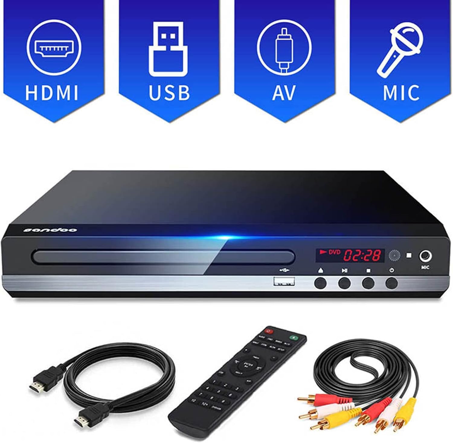 Reproductor de DVD para TV con HDMI Full HD 1080P Reproductor USB multifunción, Reproductor de CD para el hogar con Toma de micrófono, Puerto USB, AV y Puerto HDMI