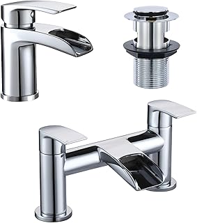 [Basin Tap and Bath Tap] Hapilife Waterfall Bathroom Sink Mixer Tap and Tub Filler Faucet Chrome with Pop Up Waste, Monobloc Bathroom Taps Set