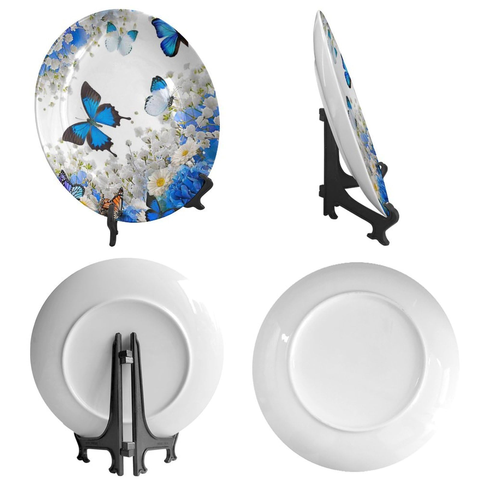 Piatti decorativi, 20,3 cm, con fiore e farfalla, piastra rotonda da tavolo, decorazione da tavolo con supporto, per appendere alla parete, soggiorno, bagno, decorazione regalo
