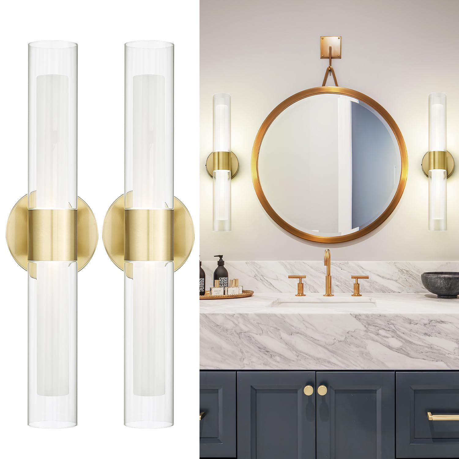 kudos 2-Pack Brushed Gold LED Vanity Lights, Clear and Frosted Glass, 3CCT