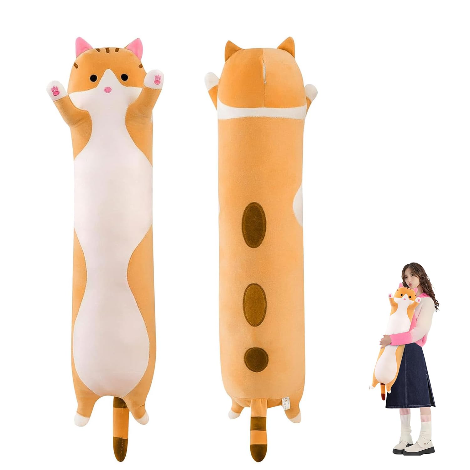 Almohada Suave para Dormir de Gato, 90cm Kawaii Almohada Larga de Felpa, Peluche Suaves de Animal para Abrazar, Juguete de Peluche Gato para Novia, Regalo de Cumpleaños Navidad (Amarillo) - amarillo