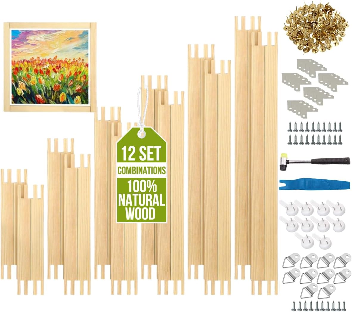 12 Set Needlepoint Stretcher Bar Set, 6 Sizes Wooden Canvas Stretcher Bars and Needlepoint Frame Kit with Tacks, Adjustable Stretcher Bars Set for Embroidery and Crafts