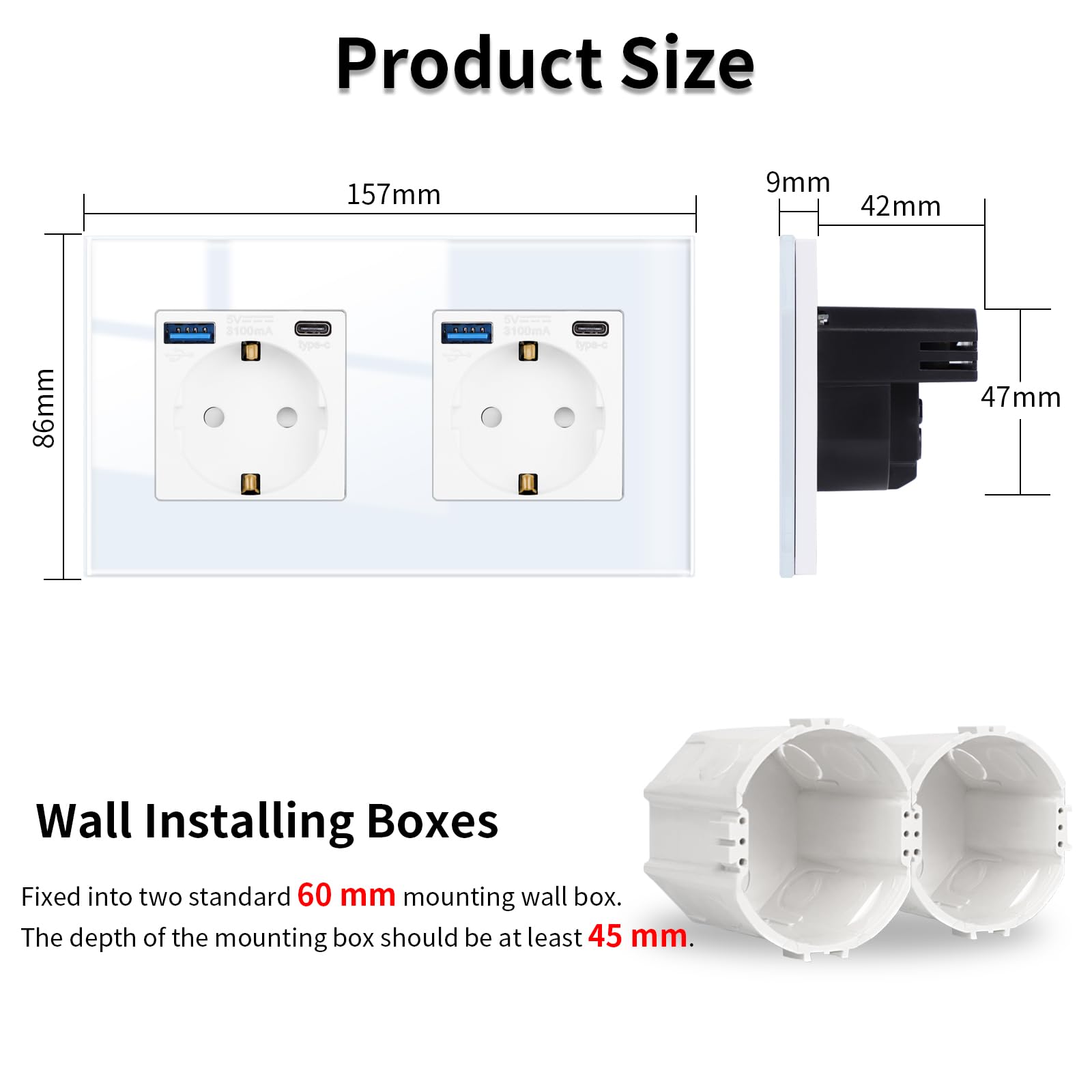 JIMEIDA Confezione da 2 prese doppie con USB 20 W, vetro bianco, 2 prese da 16 Amp con USB A e tipo C, 157 x 86 mm, 250 V