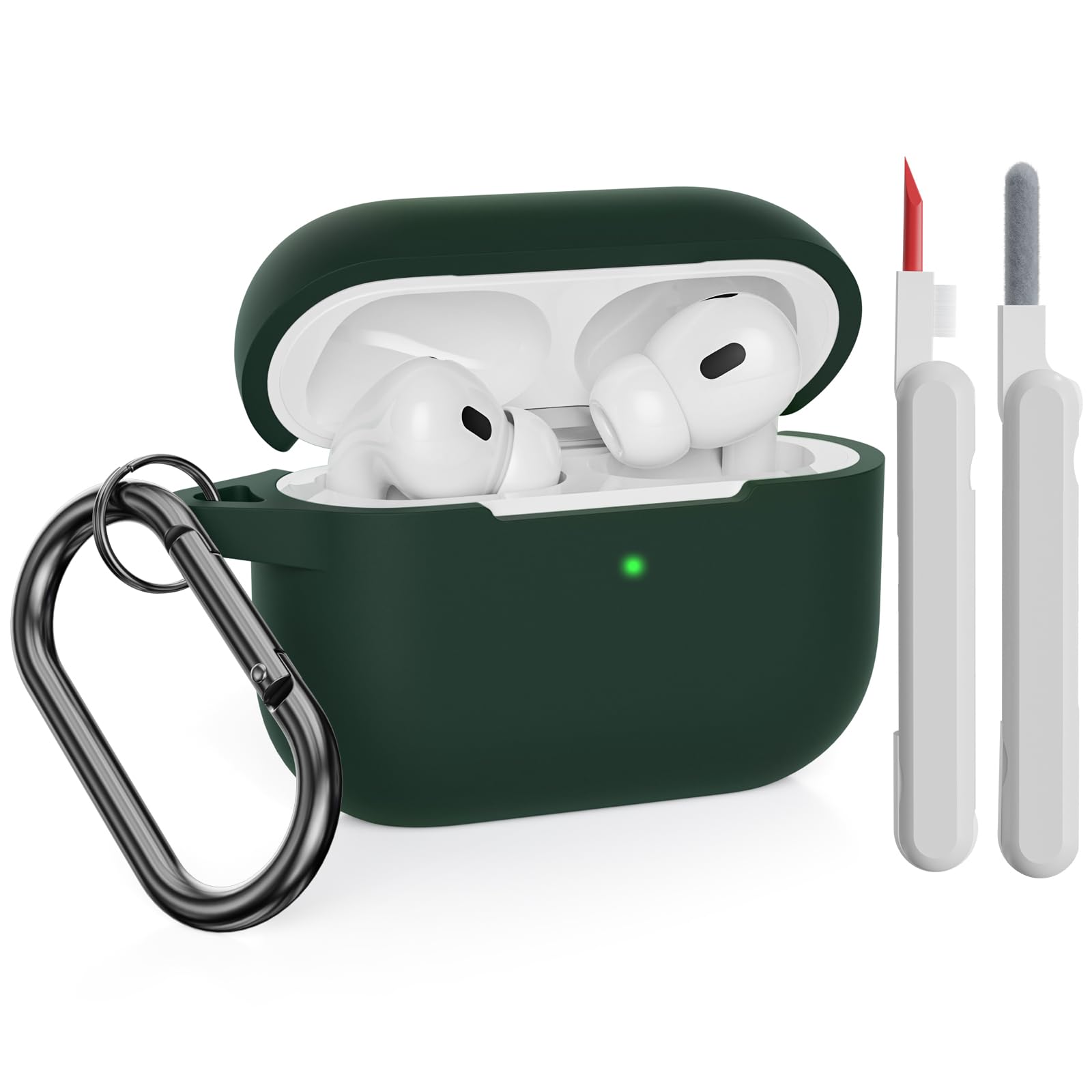 KOKOKACase Cover Compatible with AirPods Pro 2 2022 & 2019 with Cleaner Kit, Soft Silicone Cover Shock Absorbing Protective Case for AirPods Pro 2nd & 1st Generation with Carabiner, Dark Green