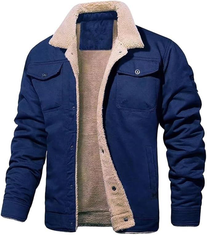 Men's Long Sleeve Cargo Jacket Fleece-Lined Cotton Workwear Casual Jacket Outdoor Hiking Camping Coat