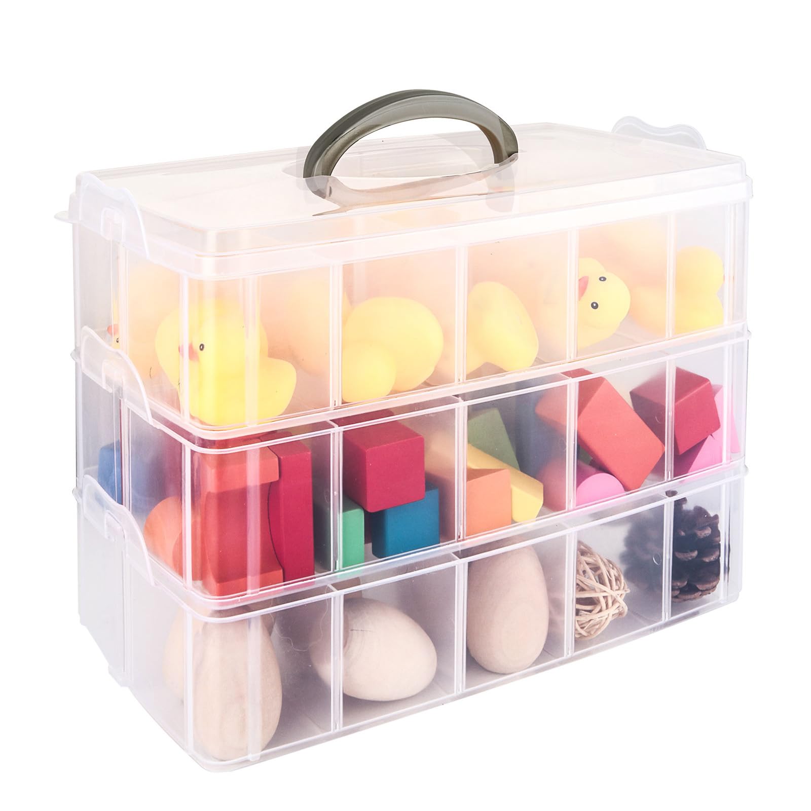 3-Tier Plastic Transparent Organizer Craft Stackable Storage Box with 30 Sections Compartments with Handle, for Art Crafts Jewelry, Toys, and Sewing Accessories