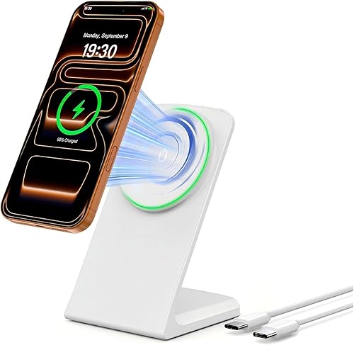 Mag Safe Charger Stand para iPhone Estación de carga inalámbrica magnética rápida certificada Qi para iPhone 171615141312 Series (blanco lunar)