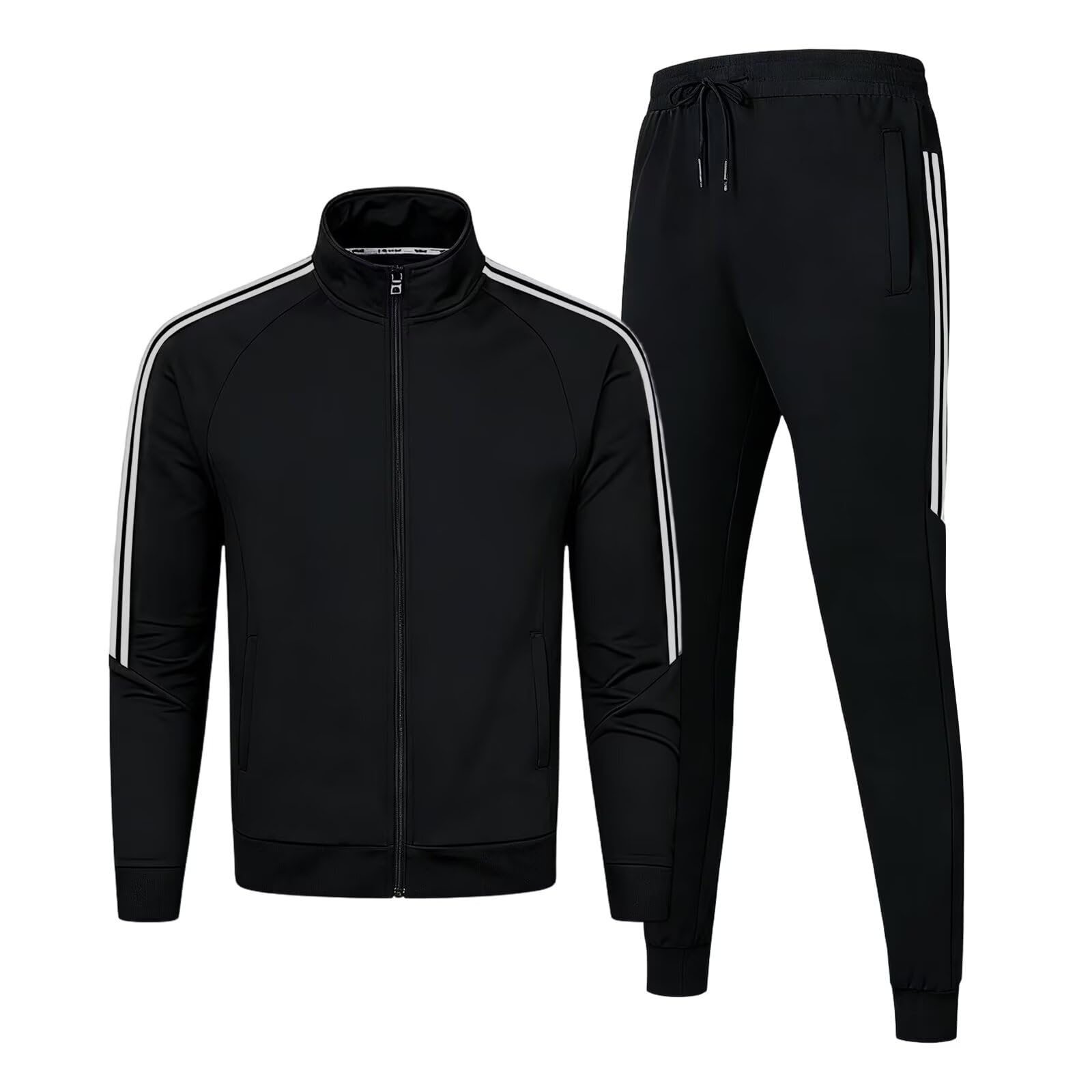 2 Pcs Herren Trainingsanzug Polyester Jogginganzug Herren mit Reißverschluss Sportswear Atmungsaktiv Tracksuit Fußball Teenager Sportanzug Freizeitanzug Männer Fitness Gym,Schwarz L