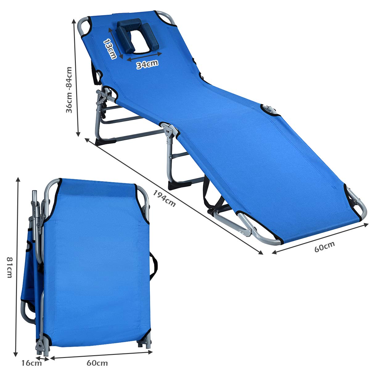 KOMFOTTEU Leżak do opalania, składany leżak z regulowanym oparciem, otwór na twarz i poduszkę, leżak plażowy do ogrodu, na plażę, basen, 194 cm x 60 cm x 36 cm (niebieski)