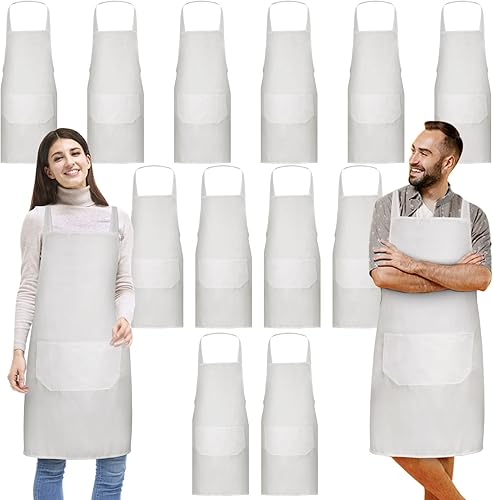 Paquete de 12 delantales con peto, delantales blancos a granel, delantales unisex lisos con 2 bolsillos, delantal en blanco con lazos largos para