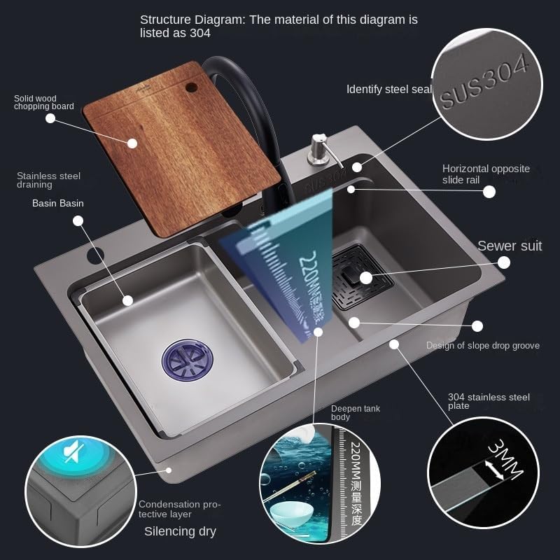 Kitchen Sink 304 Stainless Steel with Slide Rail Thickened Vegetable Basin Drain Basket Washing Dishes Large Single Sink(304 Black 7545 B)