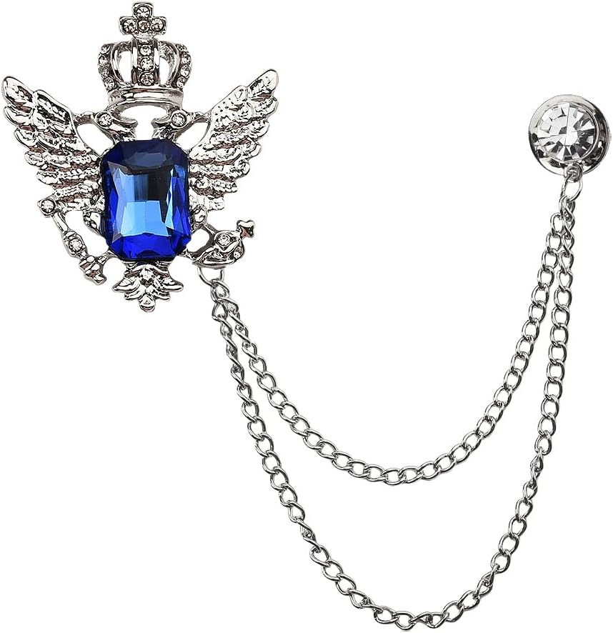 Gem Crystal Brooch Lapel Pins Mens Silver Gold Stoned Wing Crown Brooch Pin with Layered Chain Tassel Decorative Suit Tie Pins Accessories for Men