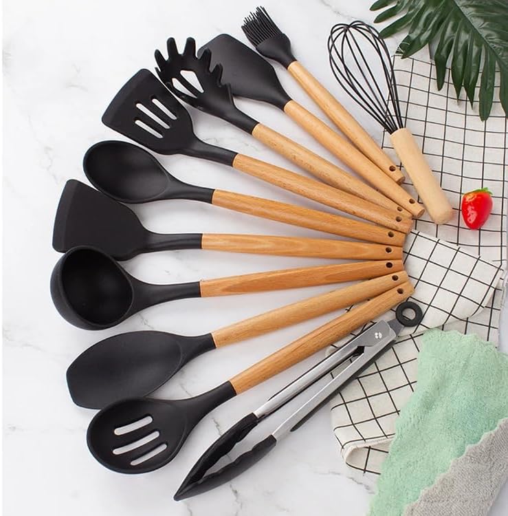 Miniatura 8 de Juego de utensilios de cocina de silicona de 12 piezas resistente al calor hasta 446 F. Incluye tornillo, pinzas, espátula, cuchara, cepillo,