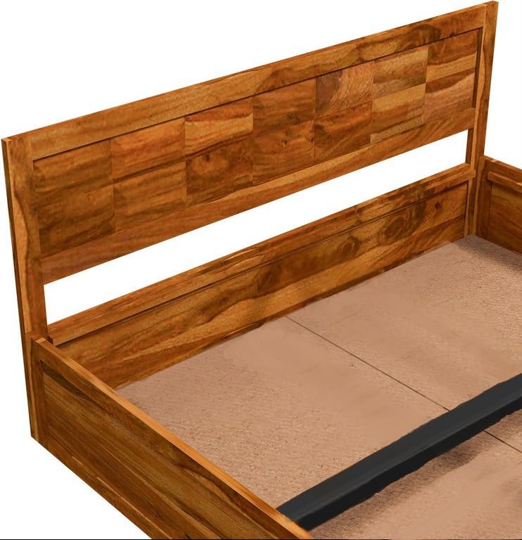 Image of Sheesham Wood King Size Bed with Storage Box | Wooden Box Bed King Size Double Cot Bed with Storage for Bedroom | Premium Barfi Design Headboard Bed for Hotel, Home | Honey Finish