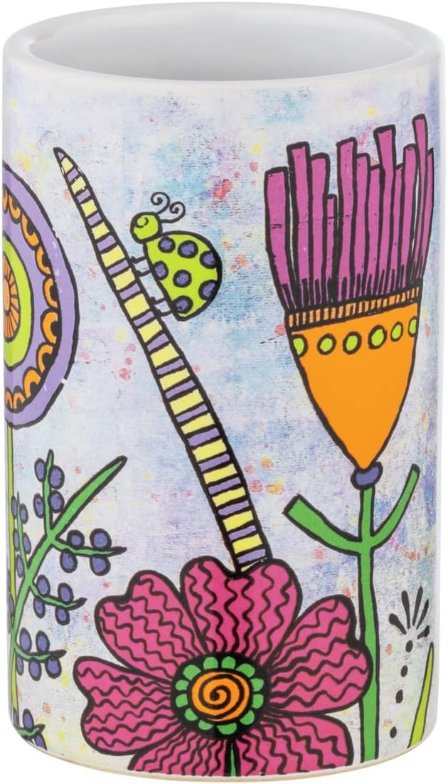 Wenko Toothbrush Mug Rollin’Art Full Bloom, Toothbrush Holder, Ceramic Printed with The Colourful Motif of a Flower Meadow, Toothbrush Mug for Storing Dental Care Utensils, Ø 6.5 x 11 cm