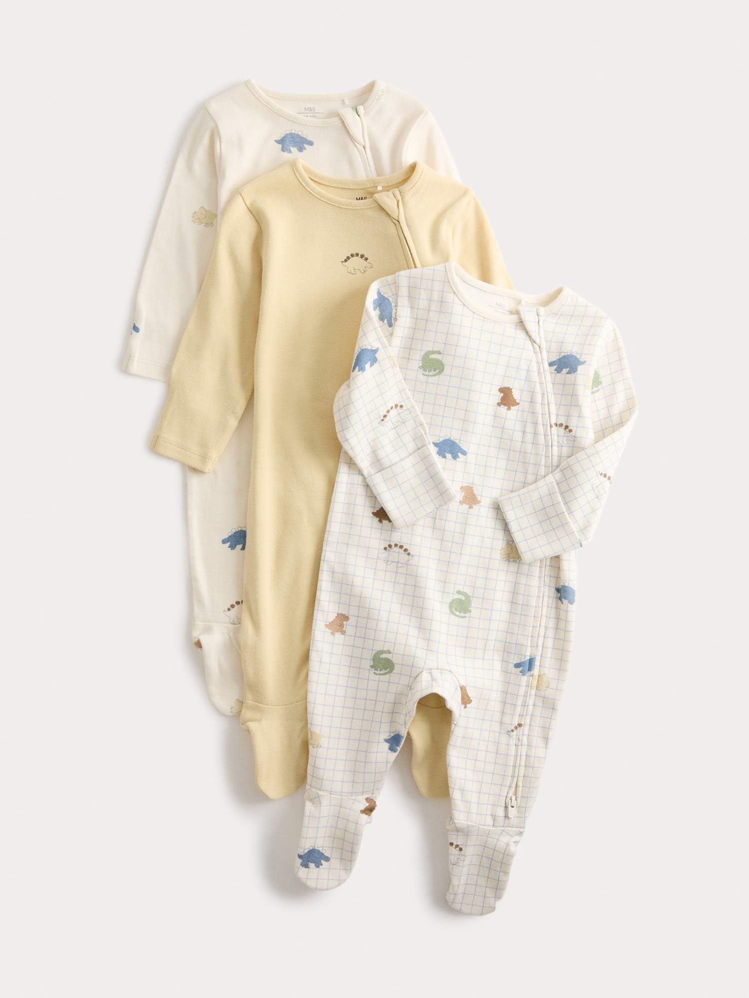 Marks & Spencer Grenouillères Bébé Lot de 3 en Pur Coton Imprimé Dinosaures, Mixte Garçon et Fille, Coupe Standard