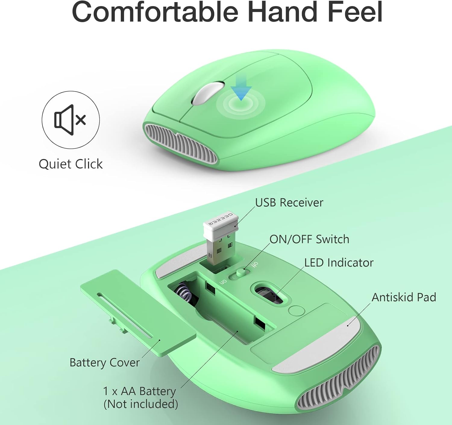 GEEZER G100 Wireless Mouse with battery compartment open, showing AA battery slot, USB receiver storage, ON/OFF switch, and LED indicator.