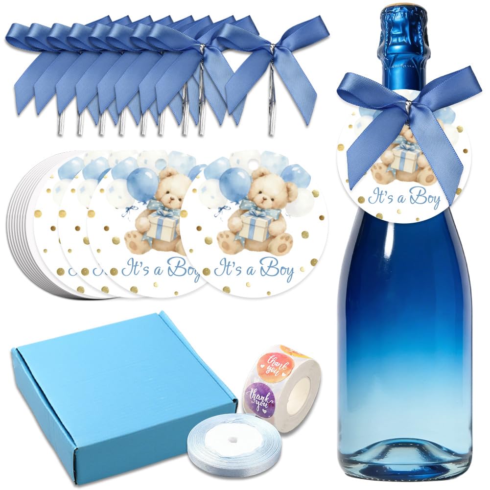 arricraft 100 Set Teddy Bear Bottle Tags, It's a Boy Wine Champagne Bottle Favor Tags Labels with Bows and Ribbon for Shower, Bridal Shower, Party Gift Wrapping
