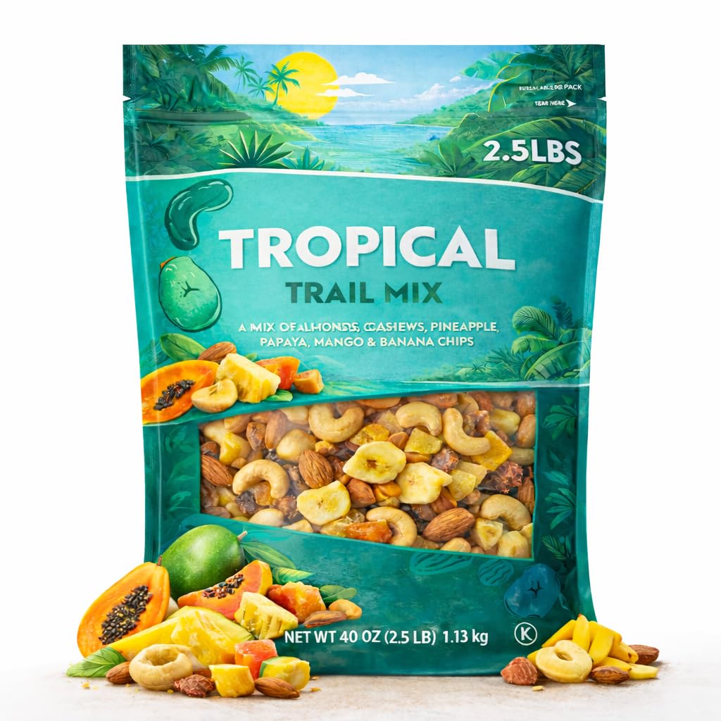 Tropical Trail Mix Nuts Dried Fruit Blend 40 oz Snack Bag Almond Cashew Mango Pineapple Papaya Banana Chips Healthy Treat Lunchbox Office Travel Gift