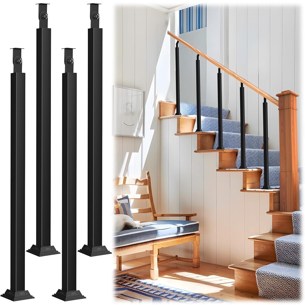 Lqsybhd 4 Pack Indoor Railing Kits, Iron Square Stair Baluster Posts With 270°Adjustable Railing Spindles, Black Metal Posts For Deck, Balcony, Stair, Indoor Decor(Size:85cm/33.5Inch,Color:4 Pack)