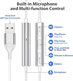 APETOO USB Headset with Microphone for PC/Laptop, 7.5FT USB Type-A Wired Earbuds in-Ear Headphones - Volume Control, Mute Audio, Lightweight, Compatible with Lenovo Acer HP Dell Laptop Desktop, White