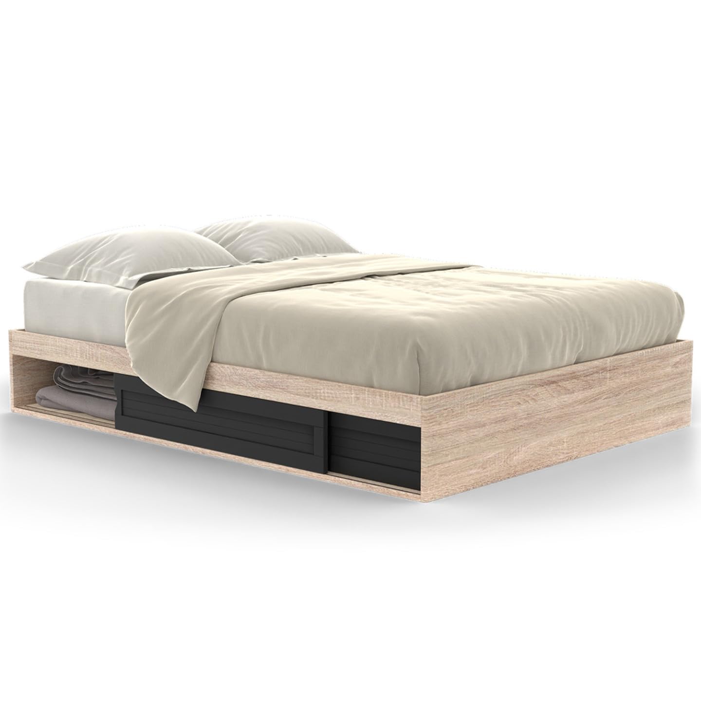 IDMarket - Cadre de lit Double Salem avec rangements et sommier 140 x 190 cm façon hêtre et Noir